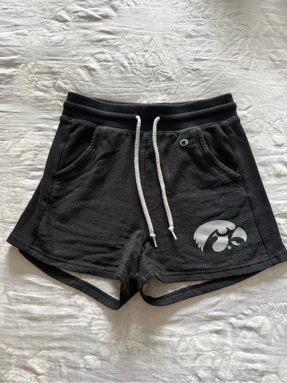 Champion UIowa Women's Athletic Drawstring Shorts with White Hawkeyes Logo